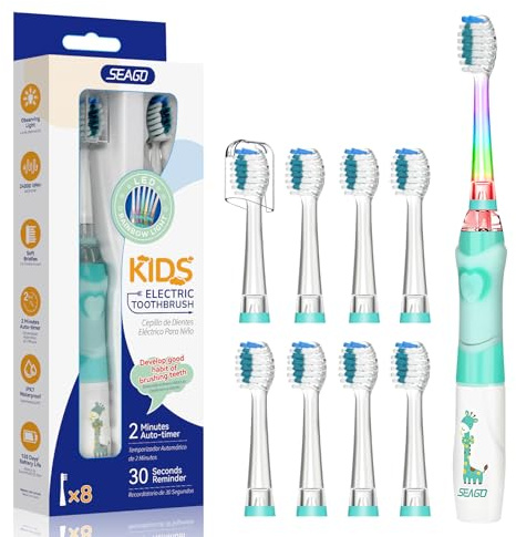 Seago Kids Electric Toothbrush 3-5-6-12 Toddler Childrens Toothbrushes with Timer,Colorful Rainbow LED Light and 4 Heads for Junior Boys Girls Battery-Powered Sonic Tooth Brush SG977 (Green-8)