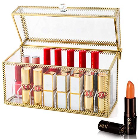 L-Lei Gold Transparent Lipstick Holder, 24 Compartment, Modern Style | Geometric Glass, For Tall Lip Gloss, Organization