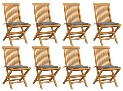 vidaXL 8X Teak Massiv Gartenstuhl mit Grauen Kissen Klappbar Holzstuhl Stuhl Stühle Klappstuhl Gartenstühle Terrasse Balkon Gartenmöbel