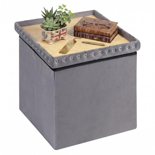 Bonlife Velvet Ottoman with Storage,Folding Coffee Table with Seat,Cube Storage Boxes with Lids,Footstool for Living Room,Grey,40x40x40cm