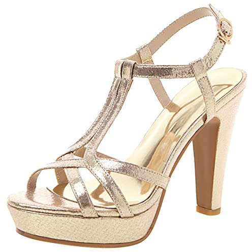 Lroey Reoly Women Block Heel Sandals Open Toe, Elegant Party High Heels with Platform Buckle T Strap 069 Gold Size 6 UK/40