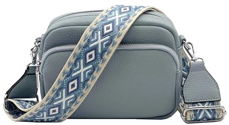 FASHION YOU WANT Crossbody Bag Damen Leder Breiter Gurt Handtasche Umhängetasche Moderne Taschen mit breitem Schultergurt,Abnehmbarer Schultergurt,Schwarz. (hellblau)