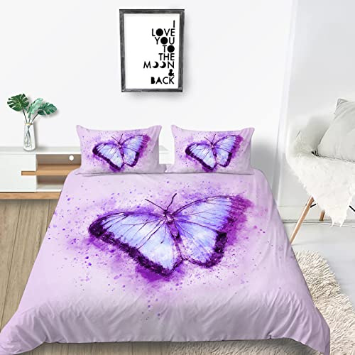 RAMOTE Bettwäsche 135x200 Lila Schmetterling, Weiche Microfaser 3D Bettbezug Violett, Bettbezüge Lila Schmetterling und 2 Kissenbezug 80x80 cm