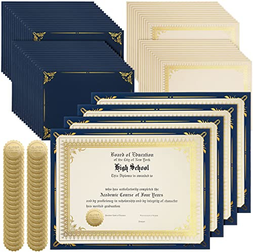 Fainne 100 Sets Certificate Paper Kit Single Sided Awards Holder with Foil Border for 8.5 X11 Certificate Covers Award Seals Stickers Diploma Covers(Navy Blue)