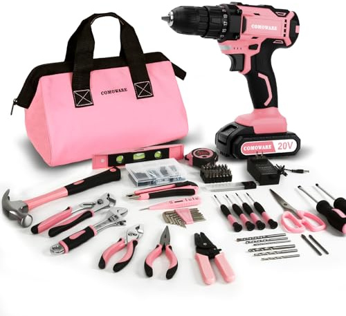 COMOWARE 20V Cordless Drill Set, 171Pcs Pink Home Tool Set with Cordless Drill Driver, Complete Repair Tool Kit for Women, Pink Storage Bag, Ideal for Office, Garden, DIY Project
