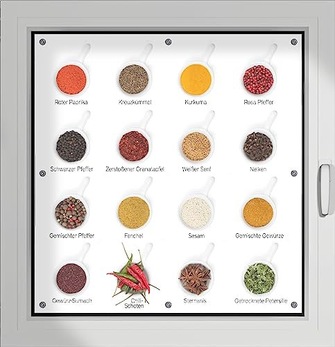 Wallario Lichtschutzbild, Dekorativer Sichtschutz Sonnenschutz 96 x 100 cm mit Motiv: Welt der Gewürze - Übersicht über verschiedenen Gewürze - Verdunklungsrollo ohne Bohren