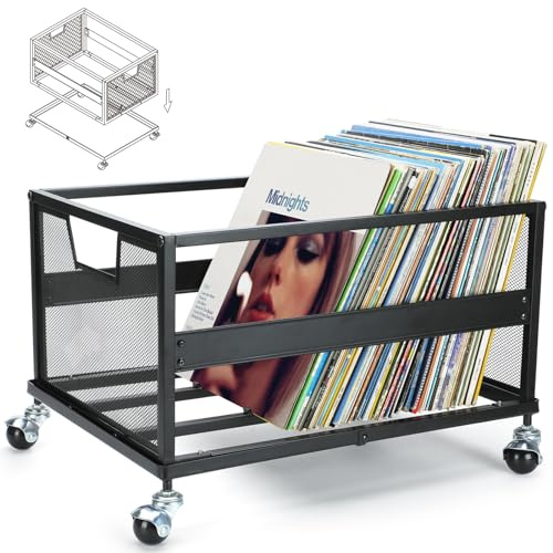 Playboda Metal Vinyl Record Storage Crate with Wheels, Vinyl Record Holder for Albums, Vinyl Record Storage Rack - Holds up to 100 LP, Stylish Organizer for Your Vinyl Record Collection