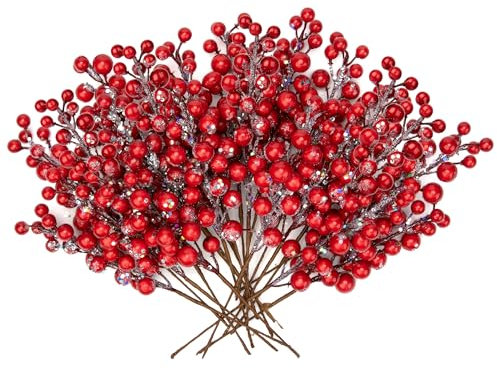 Oairse Juego de 20 ramas artificiales de bayas artificiales, decoración navideña, ramas decorativas con bayas, bayas de acebo artificial para árbol de Navidad, color rojo