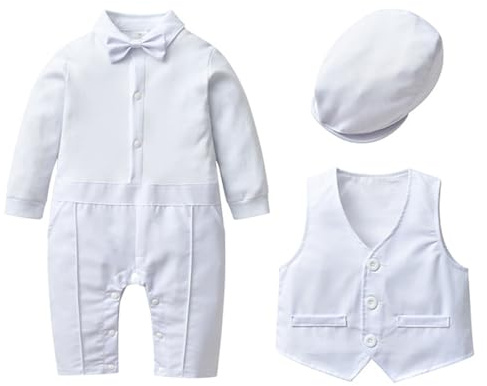 Baby pojke herr sparkdräkt kavajer kostymer baby pojkar dopklänningar kläder spädbarn dop overall fluga väst med hatt födelsedag bröllop fest kläder, Vitt, 12-18 Months