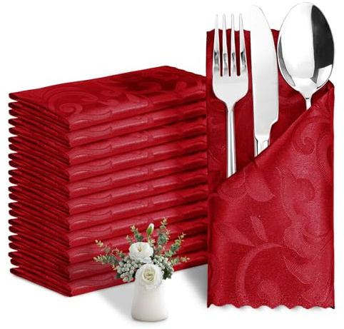 Eychei 12 Pack Red Satin Napkins 17 x 17 Inch Damask Napkins, Silky Soft Jacquard Cloth Napkin Set of 12, Square Table Napkins Fabric Dinner Napkins for Restaurant Wedding Banquet Party Decoration