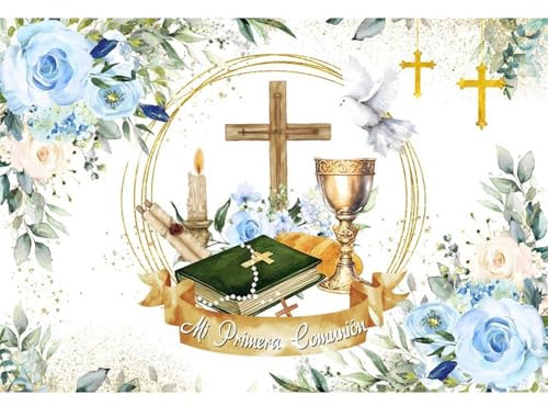 SDOTPMT 3,5x2,5m Mi Primera eucharistie Dossier en Bois Jésus Croix Calice biblique Fleurs en Fleurs cérémonie du Christ Nouveau - né Douche Parti bannière Prop Fond Photographique