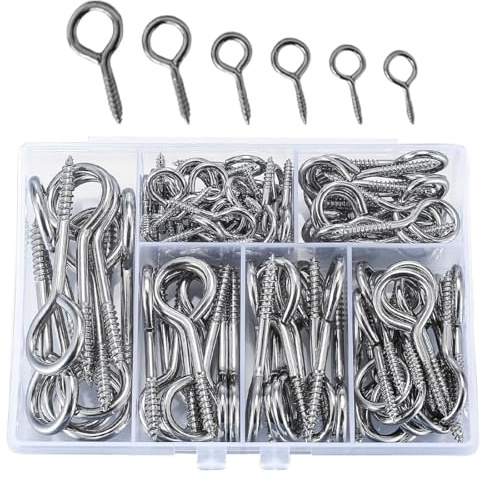 LAWALEISHE 105 Pcs Screw in Eye Hooks,Eyelets Hooks for Wood, Eyelet Screws with Storage Box for Outdoor Indoor DIY Craft Projects Hanging Ornament
