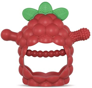 RaZbaby RaZberry Grip Silicone Teether Toy for 3M+ | Drop Resistant Hand Held Teether for Babies and Infants - Designed by Nature with Our Patented BerryBumps Multitextured Design | 3M+, Red