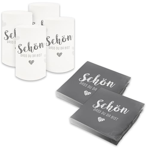 itenga Tischdeko Set - Servietten Schön dass du da bist 30 x 30cm 3-lagig 40 Stück und 6 Windlichter für Kommunion Konfirmation Hochzeit Taufe und andere Feiern (taubengrau - Schön dass du da bist)