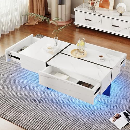 BTM Table Basse LED Contrôlée par APP, Marbre Plateau Brillant, 3 Trois, Moderne Coffee Table Rectangulaire, Charge 50kg, 100 x50x35cm, Blanc