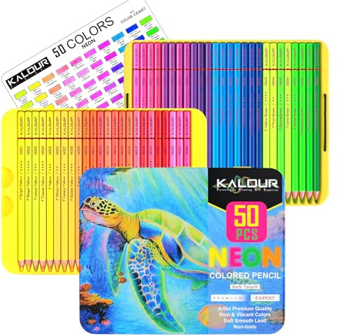 Kalour PDAS 50 Neon Colouring Pencils for Adult Colouring Books, Fluorescent Colors, Professional Drawing Pencils Set