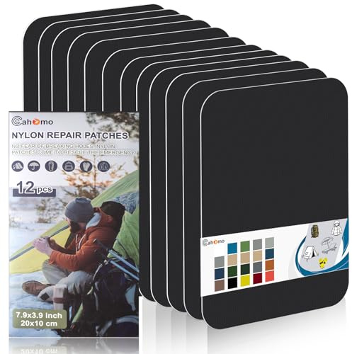 Cahomo Nylon Repair Patches 12 pcs 20x10 cm Black Self-Adhesive Outdoor Camping Gear Repair Kit for Tent, Umbrella, Down Jackets, Sleeping Bag, Knapsack