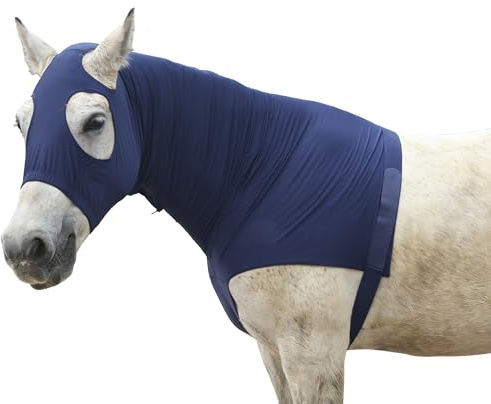 Cappottino da cavallo in tessuto Lycra elasticizzato con cerniera rinforzata e chiusura in velcro regolabile, cappuccio testa di cavallo con copertura integrale per collo blu navy L