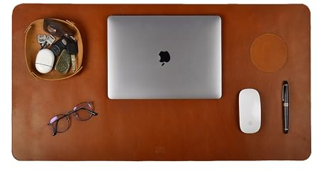 LEATHER VILLAGE Schreibtischunterlage aus echtem Leder für Schreibtisch und Laptop, mit Ledertablett und Tee-Untersetzer, 3 mm dicke Schreibtischabdeckung, Schutzfolie, 3 mm dick, Hellbraun