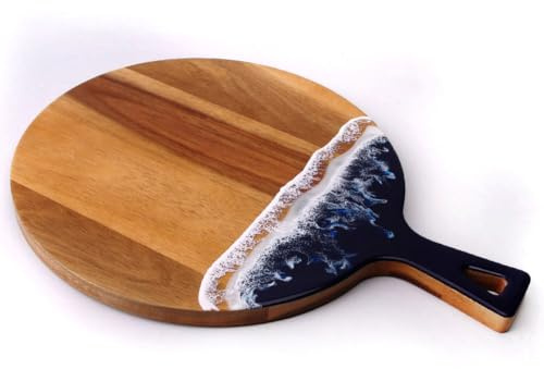 Natural Wood Ocean Wave Cutting Board with Handle, Epoxy Resin Wave, Corporate Gift, Realtor Gift, Cheese Board, Charcuterie Board (Round with Handle 15.7”x11.8”)