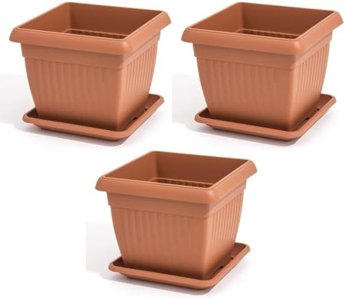 Stolmet Terra Square Flower Pot Set of 3 with Saucers - Terracotta Brown, Indoor & Outdoor Planters - 2 Sizes (150mm 1.7L, 220mm 7L) - Durable, Weather-Resistant Plastic Plant Pots (7 Litres)