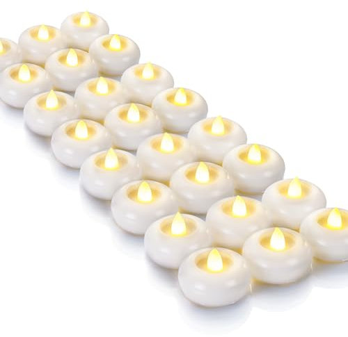 Homemory 24 Pack 2 inch Flameless Led Floating Waterproof Tealights Candles, 200 Hour Plastic Battery Operated Flickering for Cylinder Vases, Centerpieces at Wedding, Pool, Holiday