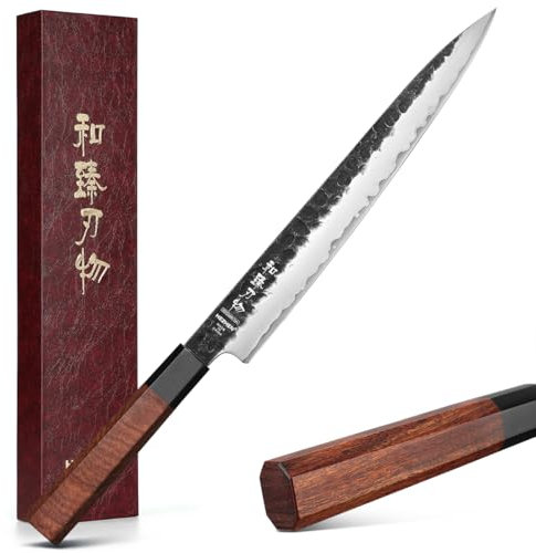 HEZHEN Scharfes Fleischmesser aus Verkleideter Stahl, Handgeschmiedetes Tranchiermesser Schinkenmesser für Fleisch BBQ Grill, Achteckiger Redwood-Griff
