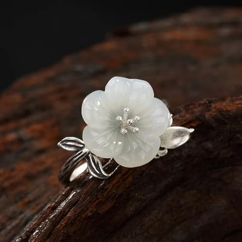 Bague en Argent 925 véritable et Jade Naturel pour Femme, Fleur de lys