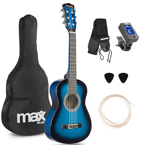 MAX SoloArt Junior 1/4 Size Acoustic Guitar for Beginners - Nylon String Classical Children's Guitar, Ideal First Musical Instrument, Gentle on Fingers, Blue Finish
