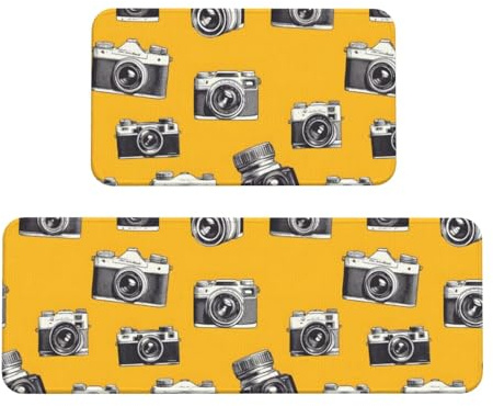 GVYGVY - Juego de 2 alfombrillas de cocina antifatiga para suelo, diseño de cámara vintage amarilla, alfombra de cocina lavable y antideslizante para oficina, baño, lavandería, decoración del hogar