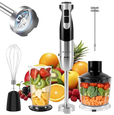 Stainless Steel Hand Blender for Kitchen, 5 In 1 Electric Stick Blender with 12 Speeds & Turbo Mode, Immersion Blenders Handheld, Baby Food Blenders with Mixing Beaker, Chopper, Whisk and Milk Frother