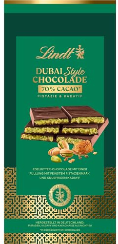 Lindt Schokolade | DUBAI STYLE Chocolade Dunkel, 145g Tafel, Geschenk | Dunkle Schokolade, Pistaziencreme & knuspriger Kadayif, zum Teilen & Verschenken, orientalische Spezialität, Genussmomente