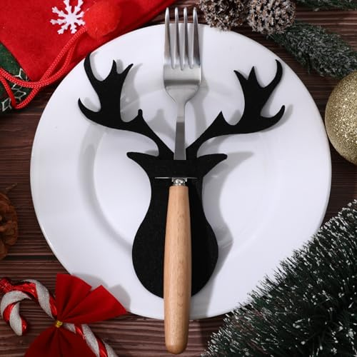 Hauojaus 20 Stück ​​Weihnachten Tischdeko, Bestecktaschen Weihnachten Filz​​ Besteckbeutel Besteckbeutel ​​Tischdeko Weihnachten​​, Weihnachtsdeko für Festliche Tischdekoration Schwarz Elch Design