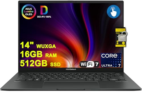 ASUS Zenbook 14 Laptop de diseño de 14 pulgadas WUXGA Lumina OLED Touch (500 nits HDR, 100% DCI-P3) Intel 16-core Ultra 7 255H (hasta 13 Tops) 16GB DDR5 512GB SSD para el trabajo, negocios, Win11 ICP