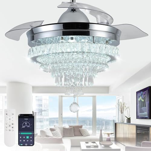 LEONTYNE 42 Crystal Ceiling Fan with Light and Remote,Dimmable LED Fan Lamp,Retractable Invisible Blades, 6 Speeds, Memory Function, Timer Chandelier Fan Light for Bedroom Living Room Dining Room