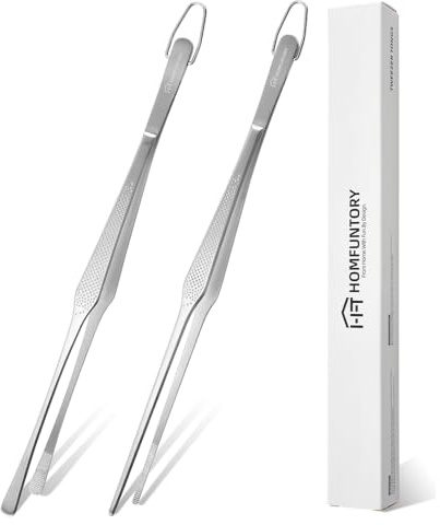 Homfuntory Stainless Steel Cooking Tweezers, 12-Inch Precision Kitchen Tweezers with Star Dot Texture, Wider Grip & Elevated Tips | Galaxy Grip Series, 2 Pcs (Silver)