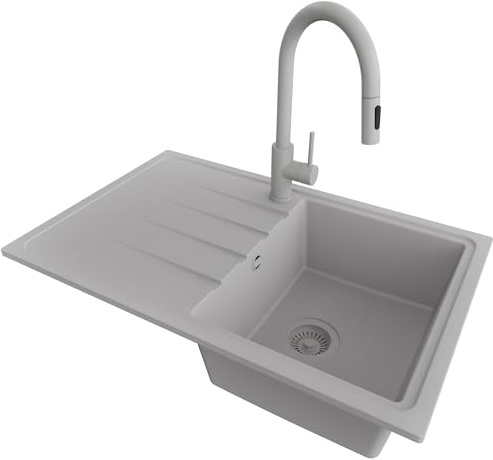 PRIMAGRAN Granitspüle ab 45er Unterschrank + Küchenarmatur, 78x50cm | Set: Küchenarmatur BW9010 + Ablauf-Set (Siphon, Ablaufgarnitur, Überlauf) + Spülbecken 1 Becken - Mailand, Alles Grau