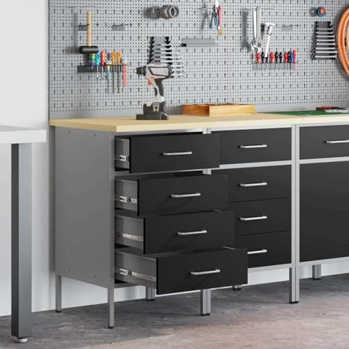 Versear Banco da Lavoro, Tavolo da Lavoro Garage, Banco da Lavoro Officina, Armadio da Lavoro 2 Pezzi in Legno Ingegnerizzato e Acciaio Nero e Grigio