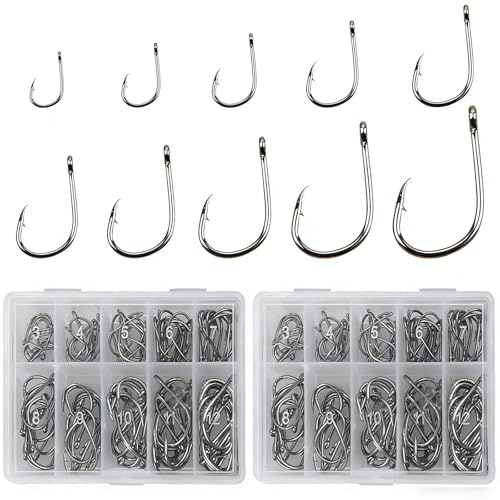 200 stück Angelhaken, angelzubehör Set, angelzubehör, dropshot Haken, Mit Aufbewahrungsbox, schwarz, mit Widerhaken und Löchern, geeignet für Karpfen, Forelle, Süßwasserfische (3-12)