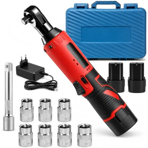 VOBOR 12V 3/8 Llave de Carraca Eléctrica 35N.m, con 2x4.5Ah Baterías y Carga Rápida, 320RPM Velocidad Variable, Llave de Trinquete Inalámbrica con 7 Enchufes