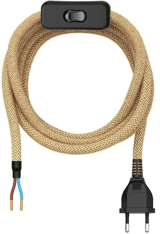 ledscom.de Prise européenne type C avec câble textile, interrupteur, 2 m, beige, 2 x 0,75 mm².