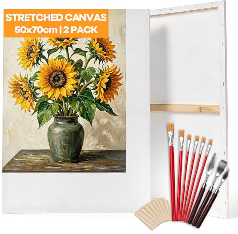 DazSpirit Set di 2 tele da dipingere, 50 x 70 cm, con telaio in cotone, con 3 primer, con 6 pennelli e 3 spatole, tela per colori acrilici e pittura a olio