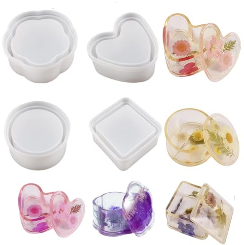 4Pcs Silicone Resin Molds Set - Heart, Hexagon, Square & Lace Pattern Jewelry Box Molds for Epoxy Resin Casting - DIY Crafts, Wedding Favors, Home Decor Storage Container Making Kit