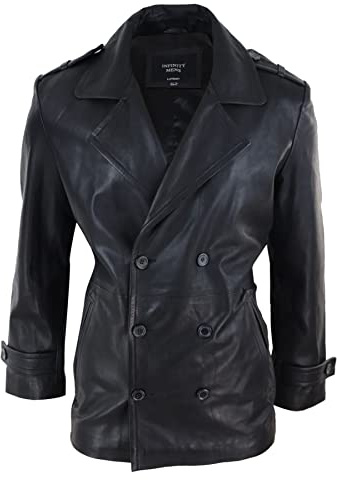 TruClothing Manteau pour Homme en Cuir véritable Longueur 3/4 Veston croisé Style Marine Sherlock - Noir XL