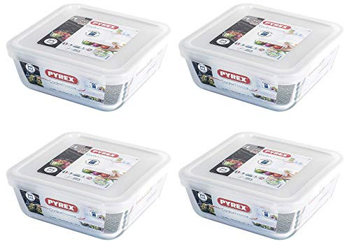 Pyrex Microwave Safe Classic Square Glass Dish with Plastic Lid 0.85 Litre White (Pack of 4)