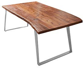 SAM Esstisch Havanna 140x80 cm Akazie nussbaum Baumkante U-Gestell Silber | Baumkantentisch massiv, Akazienholz nussbaumfarben, schräges Metallgestell, Esszimmertisch