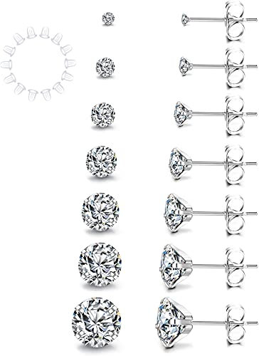 YADOCA 7 Paare Damen Ohrstecker Silber Zirkonia Ohrringe Set 316L Edelstahl Hypoallergen Unisex Klein Schlafen Knorpel Ohrstecker 2-8mm Silber