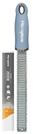 Microplane Zester Grater in Sky Blue for Citrus Fruits, Hard Cheese, Ginger, Chocolate and Nutmeg with Fine Stainless Steel Blade - Made in USA