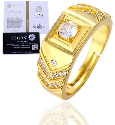 Halukakah D Color 1.0 ct Herren-Moissanitring V-Muster,1 Karat Laborgewachsender Diamant mit Zertifikat,18k Goldplattiertes Sterlingsilber,Verstellbare Größe,für Ehemann,Freund,Geburtstag,Jubiläum