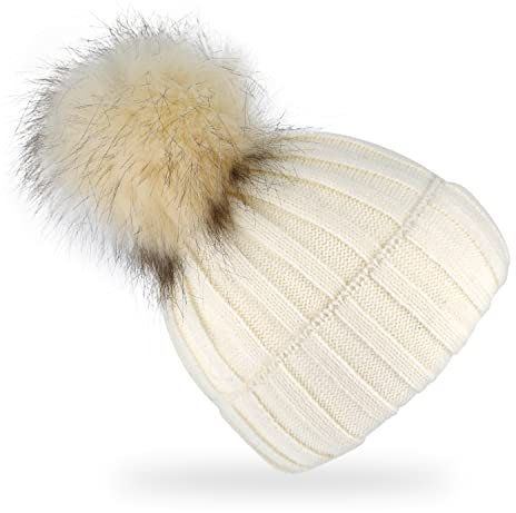 fiebig Strickmütze mit Kunstfell Bommel | Mütze aus Wolle mit Fleece-Futter | Beanie Made in Europe (Natur)